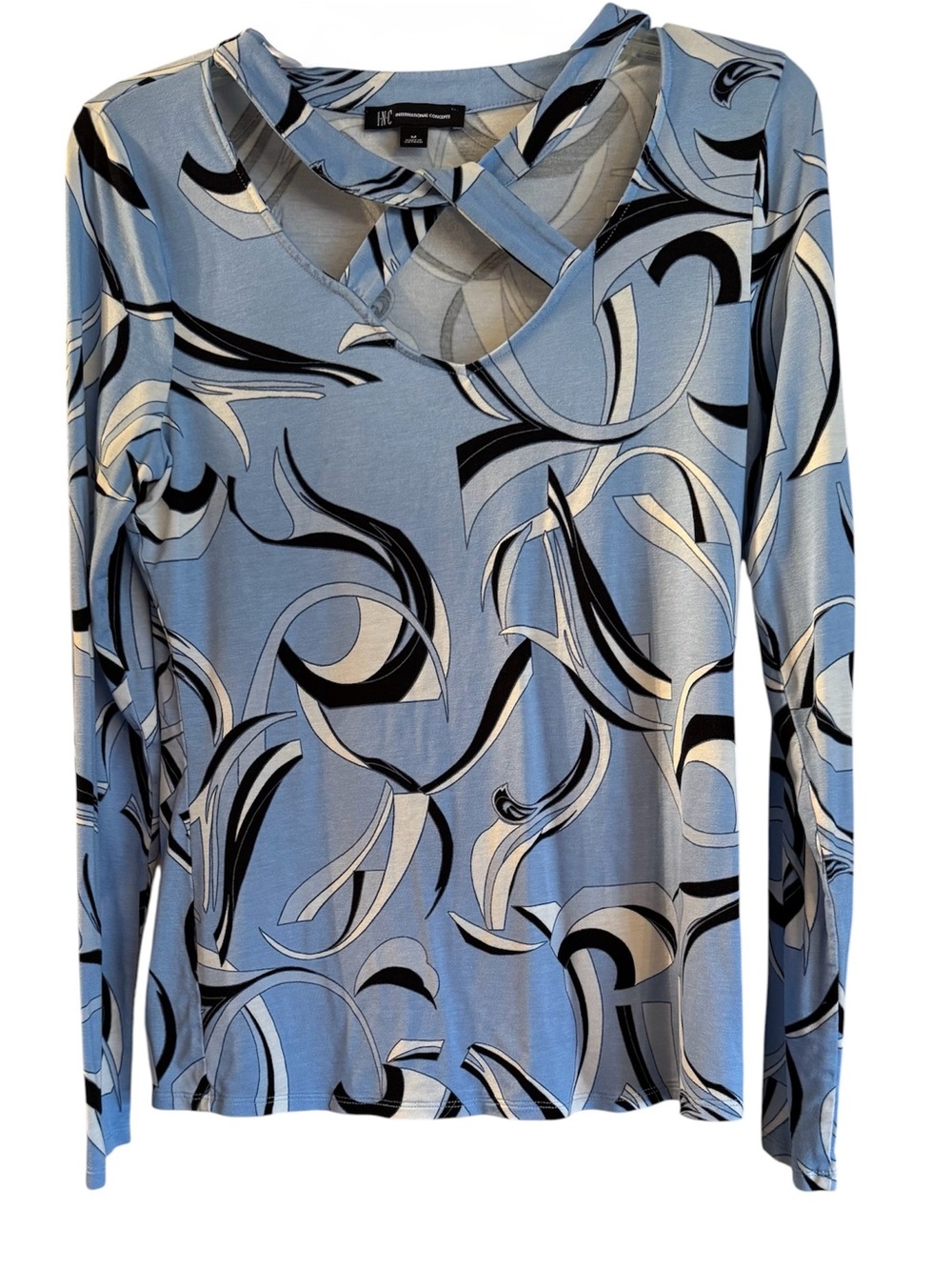 INC International Concepts Blue Abstract-Print Long Sleeve Top